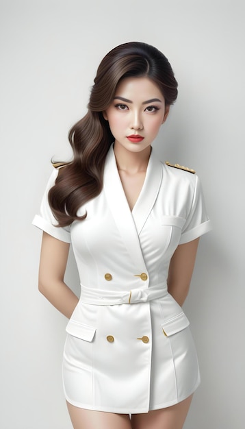 Bella donna asiatica in abito bianco con trucco e acconciatura