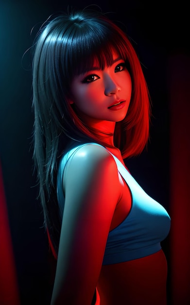 Bella donna asiatica in armatura leggera con luce mista blu e rossa AI generativa