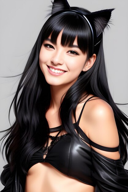 Bella donna asiatica in biancheria intima nera e fascia da gatto