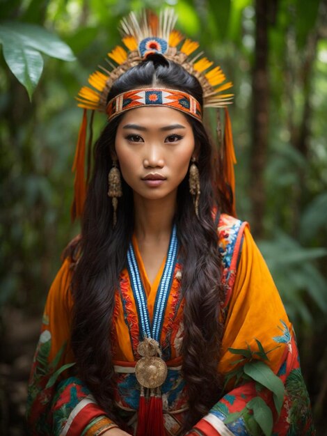 Bella donna asiatica in costume tradizionale con i fiori nei capelli AI generativa