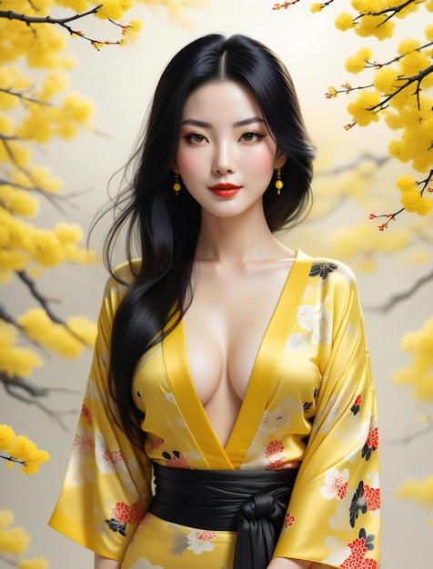 Bella donna asiatica in kimono giallo con fiori di ciliegio