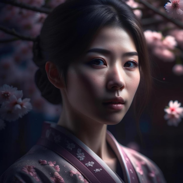 Bella donna asiatica in un kimono su uno sfondo di sakura