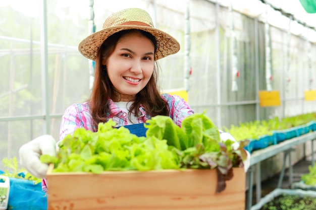 Bella donna asiatica sorridente che fa agricoltura biologica Coltivazione di ortaggi biologici in serre all'aperto Tiene una scatola di legno di verdure fresche Alimentazione sana