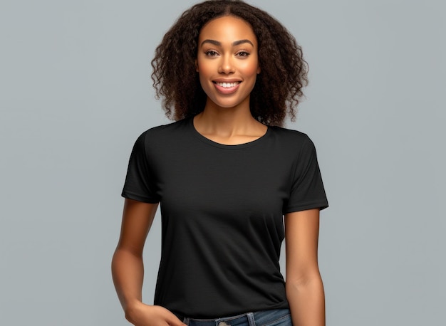 Bella donna bella in maglietta nera Mockup realistico della maglietta