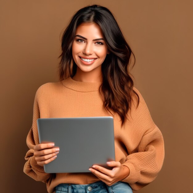 bella donna bionda che indossa abiti casual e sorridere alla telecamera in possesso di un computer