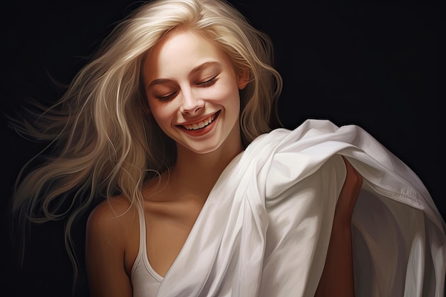 Bella donna bionda in bianco sorride