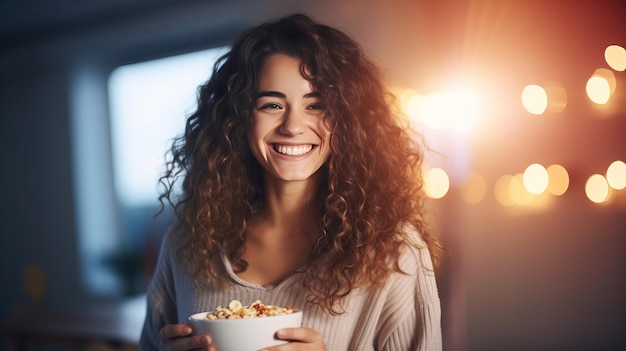 Bella donna bruna che fa colazione tenendo una ciotola di cereali e sorride godendosi la mattina