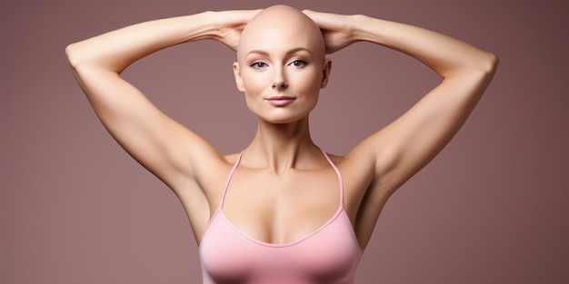 Bella donna calva che combatte il cancro al seno donna potente e stringe le braccia come una sopravvissuta