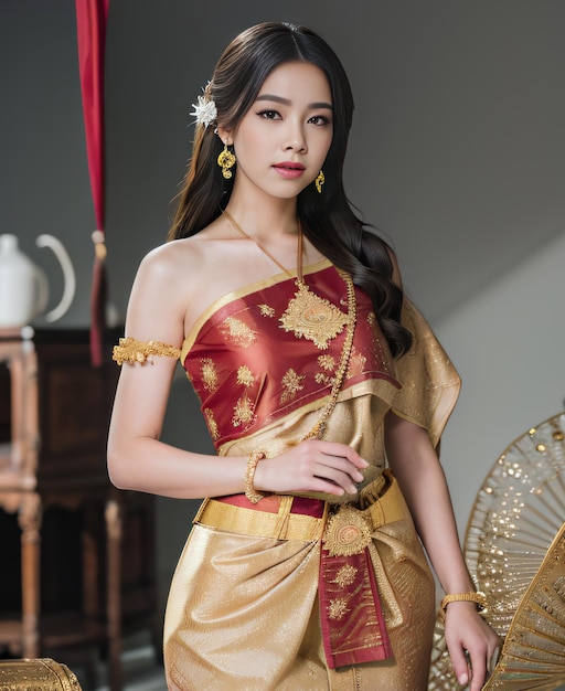Bella donna carina che indossa un abito tailandese Il colore del rame si pone come modello