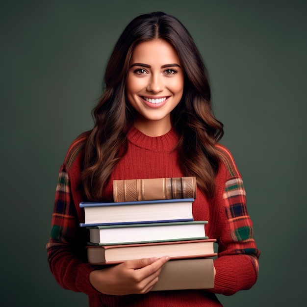 bella donna castana che indossa abiti casual e sorride alla macchina fotografica che tiene libri