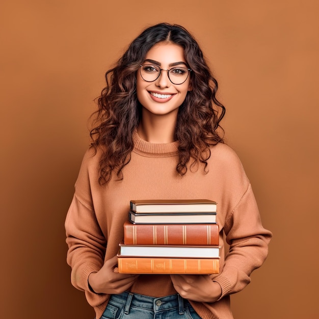 bella donna castana che indossa abiti casual e sorride alla macchina fotografica che tiene libri