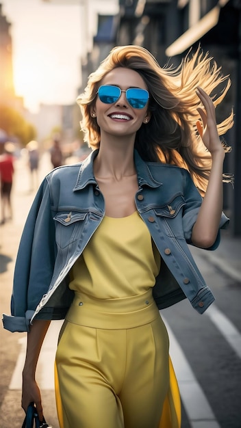 Bella donna che agita i capelli sorridendo abiti eleganti indossando una giacca denim e top fashion giallo