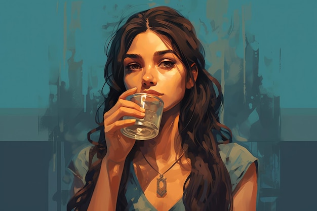 Bella donna che beve acqua da un bicchiere