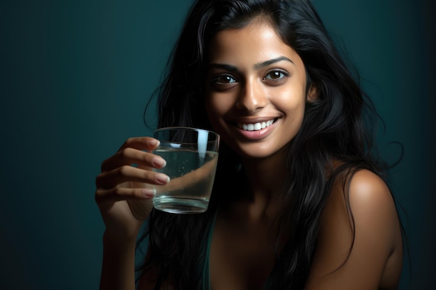 Bella donna che beve acqua da un bicchiere