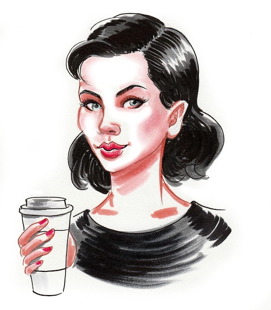 Bella donna che beve un caffè. Disegno a china e acquerello