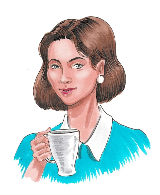 Bella donna che beve una tazza di caffè. Disegno a china e acquerello