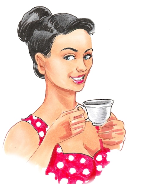 Bella donna che beve una tazza di caffè. Disegno a china e acquerello