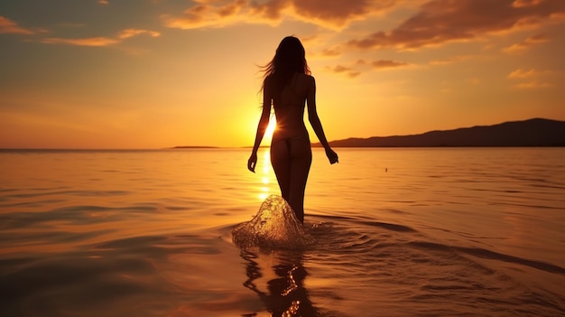 Bella donna che cammina nell'acqua sulla spiaggia