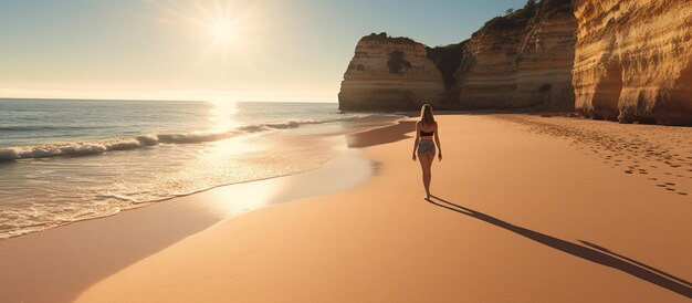 Bella donna che cammina sulla spiaggia al tramonto