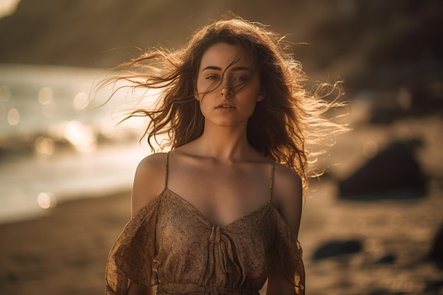 Bella donna che cammina sulla spiaggia con i capelli al vento IA generativa