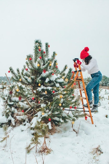 Bella donna che decora l'albero di Natale