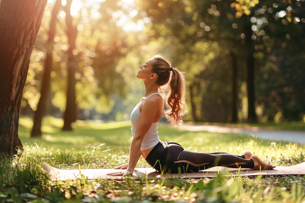 bella donna che fa esercizi di stretching nel parco estivo