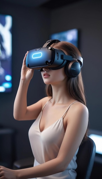 bella donna che gioca a giochi di realtà virtuale in casa in uno studio di giochi