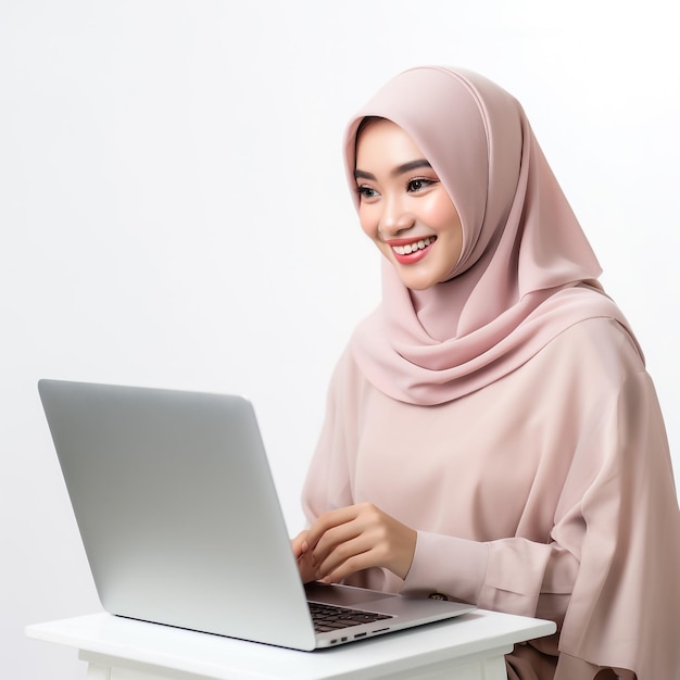 Bella donna che indossa l'hijab davanti al portatile cerca e fa lavoro d'ufficio con diverse espressioni facciali isolate sullo sfondo bianco ufficio affari finanza e concetto di stazione di lavoro