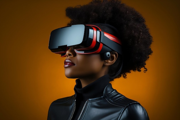 Bella donna che indossa occhiali VR Tecnologia digitale Innovazione futuristica concetto di dispositivo