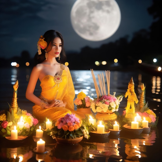 bella donna che indossa un abito tailandese giallo fa galleggiare un Krathong vicino al fiume in una notte di luna piena