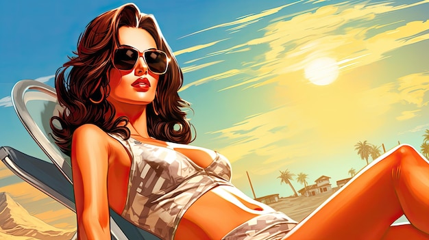 Bella donna che prende il sole sulla spiaggia, opere d'arte colorate in stile fumetto