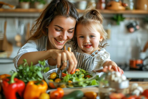 Bella donna che prepara la cena in cucina a casa e tiene in braccio il suo bambino carino