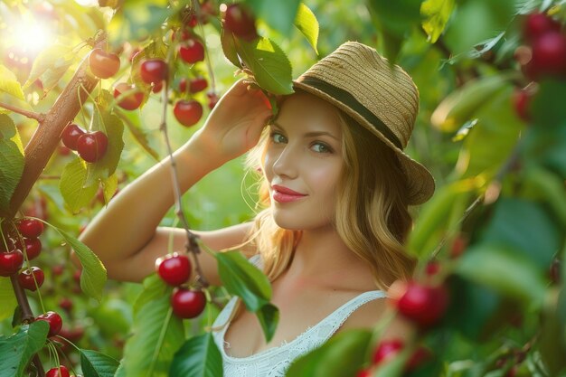 Bella donna che si diverte a raccogliere ciliegie nel frutteto verde