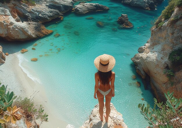 Bella donna che si rilassa e gode della vista sulla tranquilla laguna blu in un soleggiato giorno d'estate