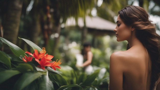 Bella donna che tocca la felicità nel concetto di stile spa della naturaGenerativa AI