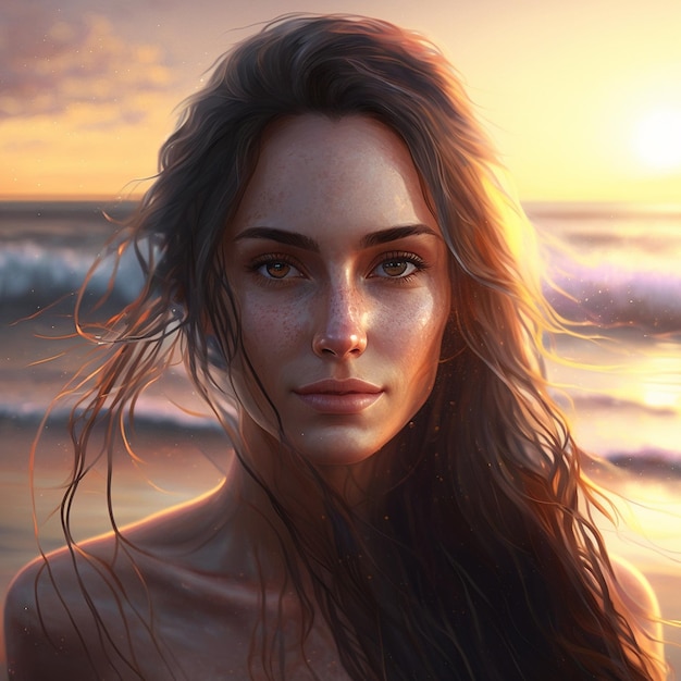 Bella donna che vede la spiaggia del mare con l'immagine del tramonto Arte generata dall'IA