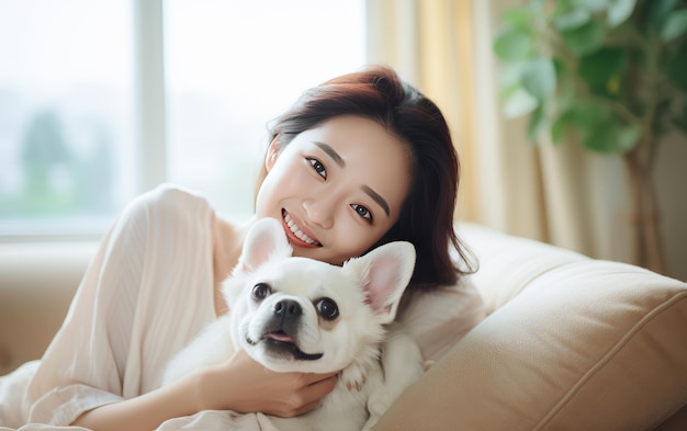Bella donna cinese asiatica che lega con il suo animale domestico Fotografia Stock AI generativa