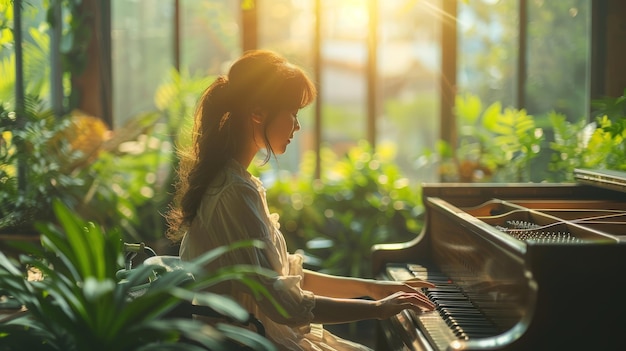 Bella donna cinese che suona il pianoforte