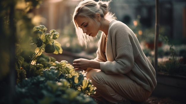 Bella donna coltiva le proprie verdure biologiche fresche in un piccolo giardino Generativo ai