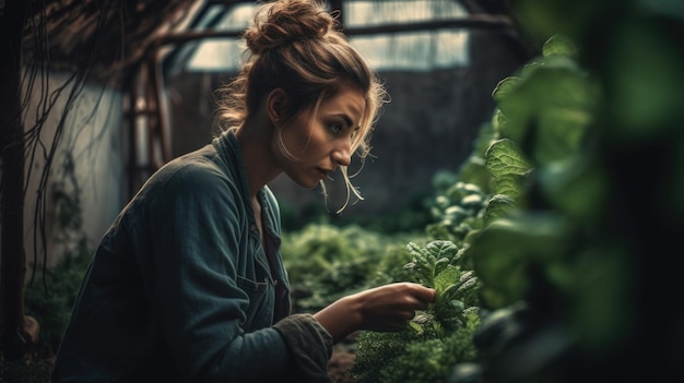 Bella donna coltiva le proprie verdure biologiche fresche in un piccolo giardino Generativo ai