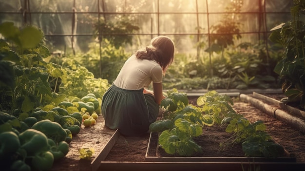 Bella donna coltiva le proprie verdure biologiche fresche in un piccolo giardino Generativo ai