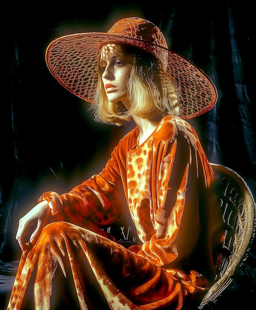Bella donna con abito arancione e cappello seduta su una sedia