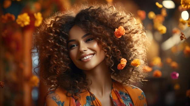 Bella donna con capelli afro che sorride sul ritratto sorridente del fondo luminoso