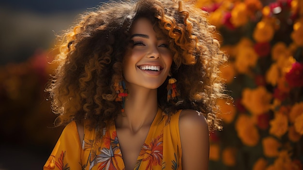 Bella donna con capelli afro che sorride sul ritratto sorridente del fondo luminoso