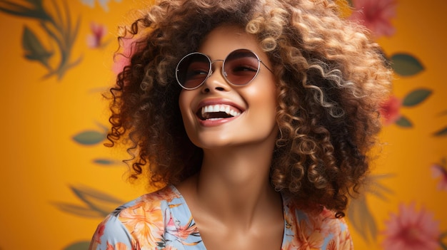 Bella donna con capelli afro che sorride sul ritratto sorridente del fondo luminoso