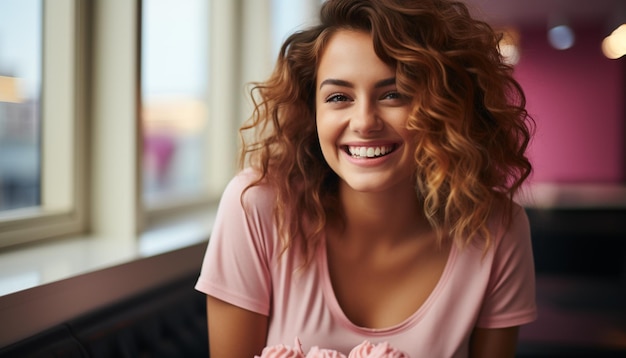 Bella donna con capelli castani ricci che sorride e guarda la fotocamera generata dall'intelligenza artificiale