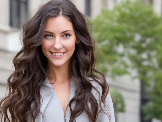 Bella donna con capelli neri e occhi azzurri