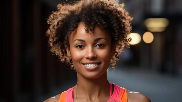 Bella donna con capelli ricci che fa sport fuori