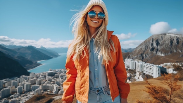 Bella donna con cappello a giacca arancione e occhiali da sole in piedi sulla cima della montagna