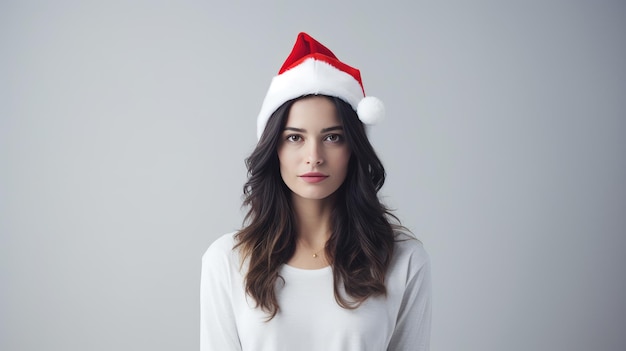 bella donna con cappello da Babbo Natale in posa su sfondo bianco creato con la tecnologia Al generativa